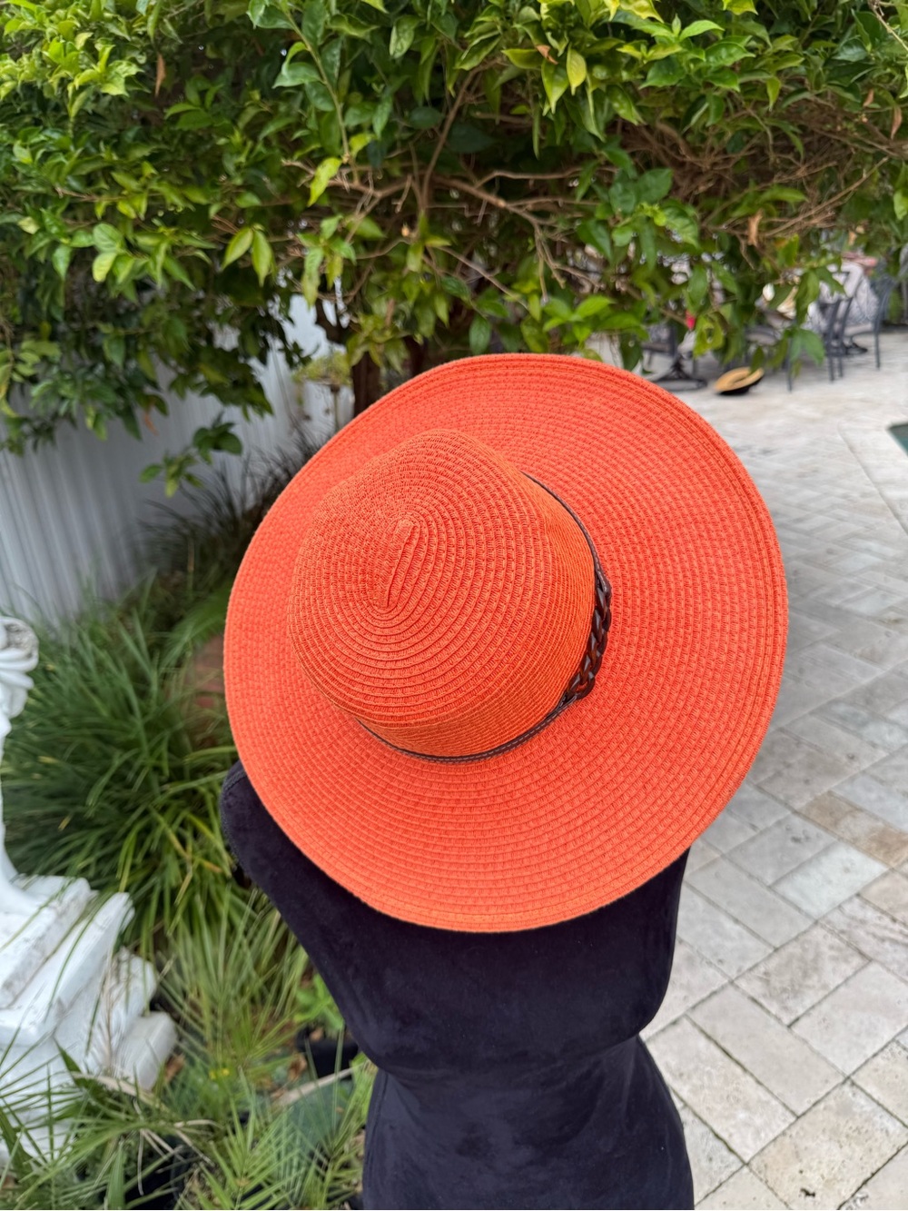 Vibrant Orange Wide-Brim Sun Hat with Tortoiseshell Chain Accent